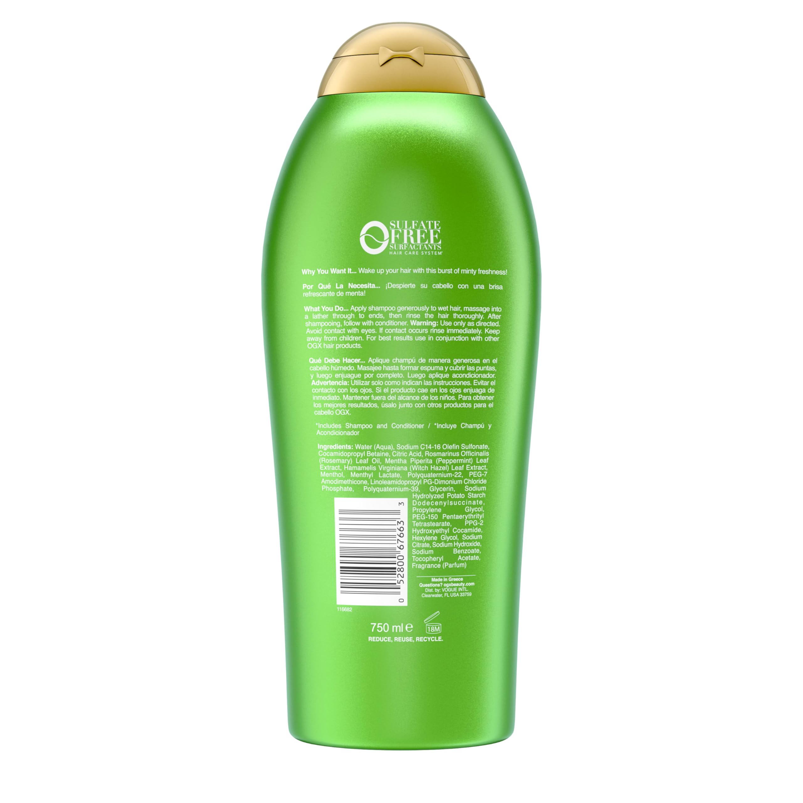 OGX Extra Strength Refreshing Scalp + Rosemary Mint Shampoo, Nourishing Shampoo Infused with Rosemary Mint for Shiny, Healthy-Looking Hair, Sulfate-Free Surfactants, 25.4 fl. Oz
